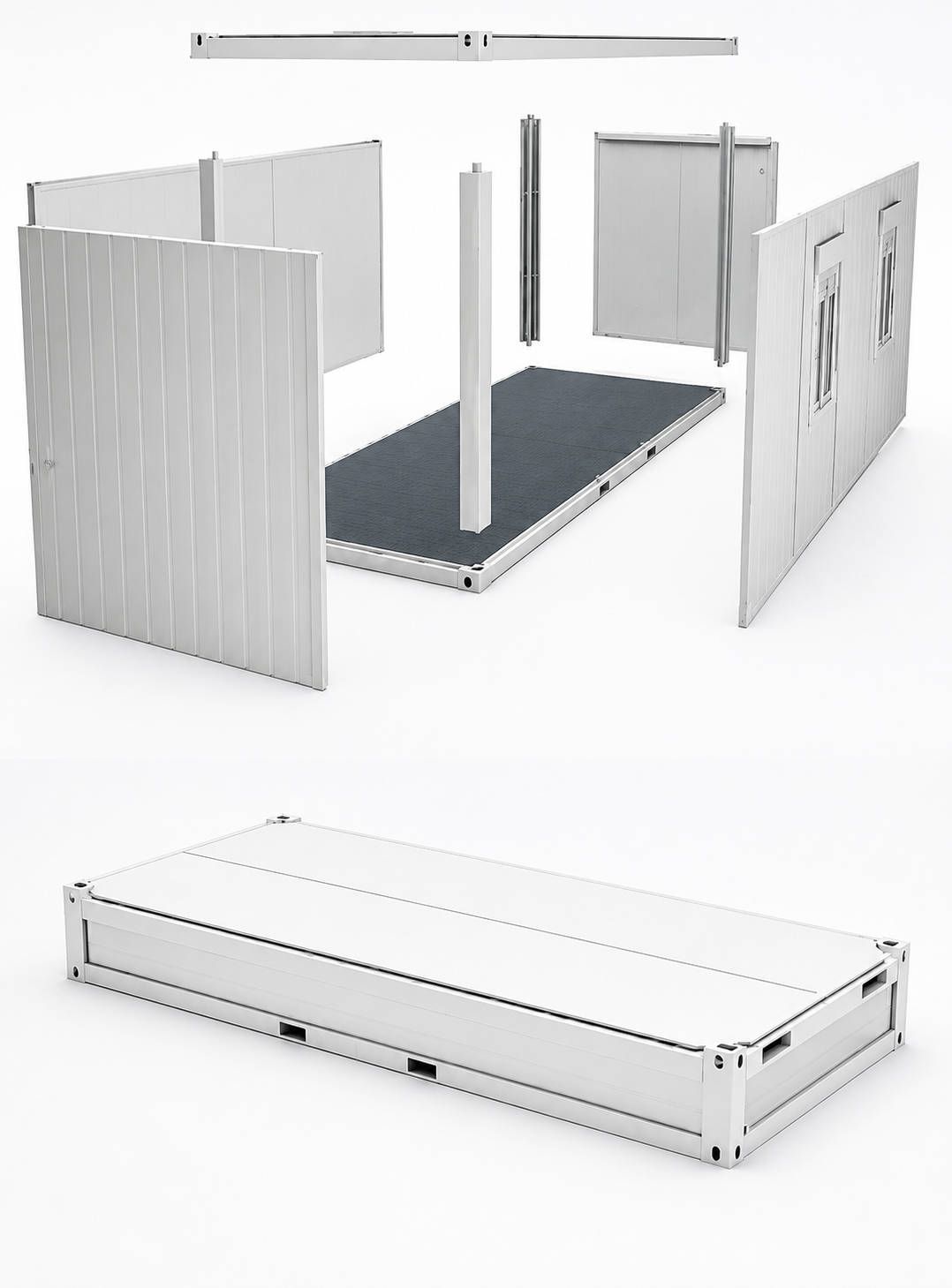 Flat Pack Container House Exploded view of a flat pack container house assembly system