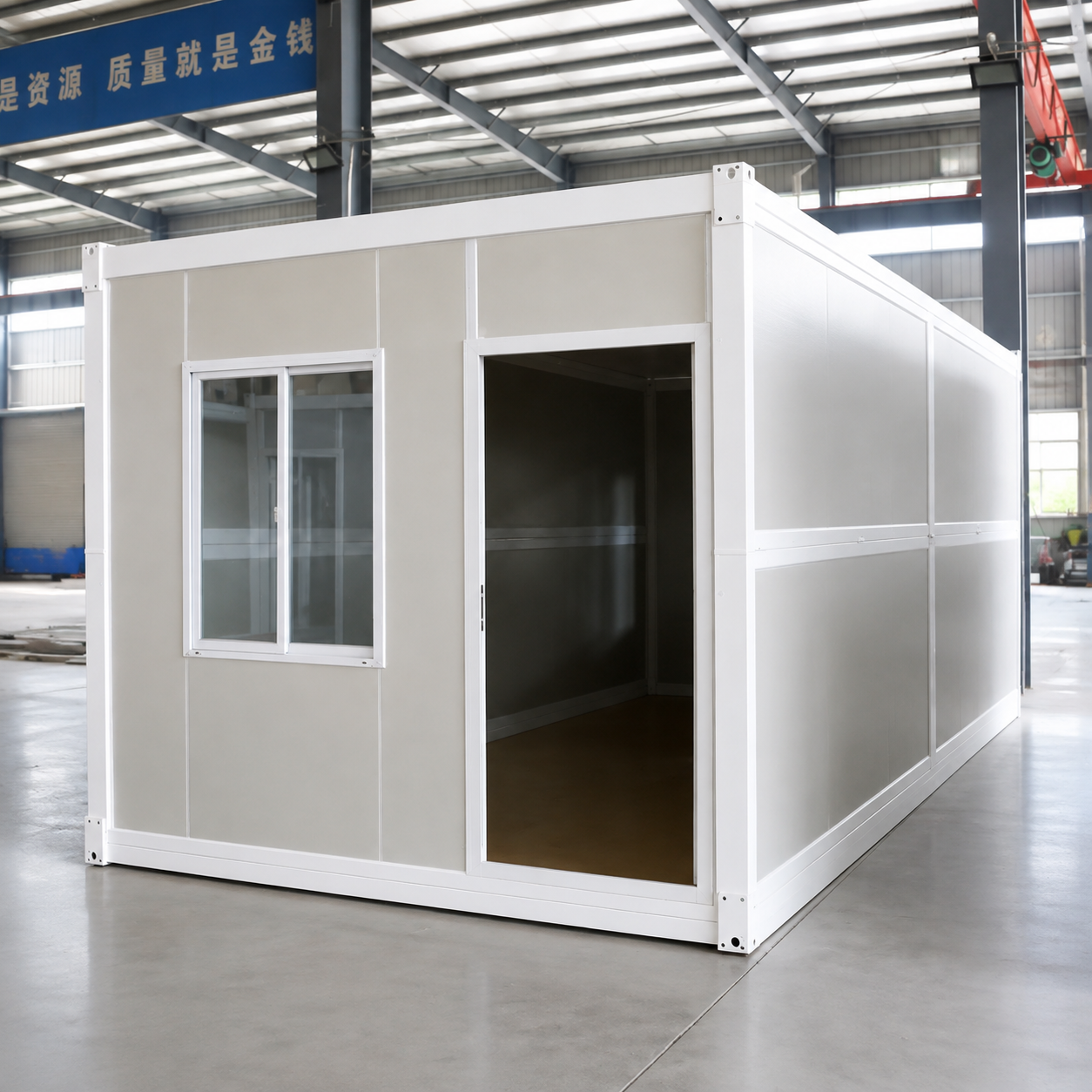 Folding container house displayed inside a factory
